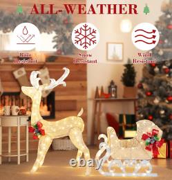 Outdoor Christmas Yard Decoration Lighted LED Santa Sleigh With Reindeer White