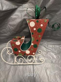 Pier 1 One VTG SLEIGH SANTA CLAUS REINDEER CHRISTMAS Presents GLITR Decor VG/EUC