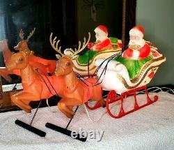 Poloron Blow Mold Santa Sleigh and 2 Reindeer Table Top Lighted withBox HTF 1960