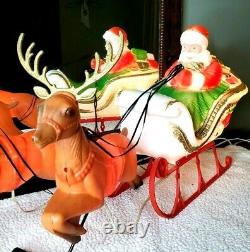 Poloron Blow Mold Santa Sleigh and 2 Reindeer Table Top Lighted withBox HTF 1960