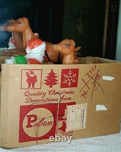 Poloron Blow Mold Santa Sleigh and 2 Reindeer Table Top Lighted withBox HTF 1960
