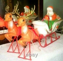 Poloron Blow Mold Santa Sleigh with 2 Reindeer Table Top Lighted withBox HTF 1960s