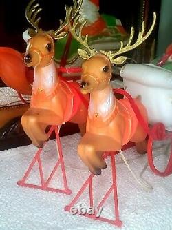 Poloron Blow Mold Santa Sleigh with 2 Reindeer Table Top Lighted withBox HTF 1960s