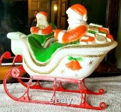 Poloron Blow Mold Santa Sleigh with 2 Reindeer Table Top Lighted withBox HTF 1960s