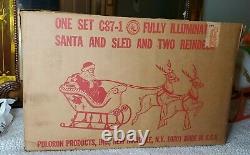 Poloron Blow Mold Santa Sleigh with 2 Reindeer Table Top Lighted withBox HTF 1960s