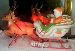 Poloron Blow Mold Santa Sleigh with 2 Reindeer Table Top Lighted withBox HTF 1960s