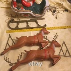 Poloron Industries Blow Mold Santa, Sleigh & 2 22 Reindeer With Lights & Box Rare