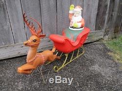 Poloron Santa Sleigh Reindeer Vintage Blow Mold Christmas Plastic Yard Display
