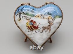 Porcelain Limoges Trinket Box Santa in Reindeer Sleigh Heart France Retired