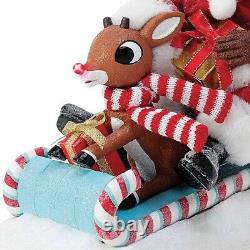 Possible Dreams Santa & Rudolph on Sled 10in Figurine Light Up Nose Real Cloth