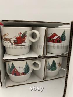 Pottery Barn Christmas in Country Santa Sleigh Reindeer Stacking Mugs S/4 #X1303