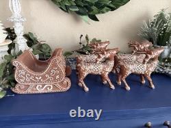 Pottery Barn Handcrafted Ceramic Gingerbread Reindeer & Santa Sleigh Set NEW