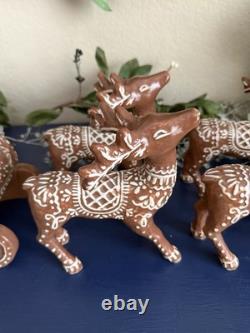 Pottery Barn Handcrafted Ceramic Gingerbread Reindeer & Santa Sleigh Set NEW