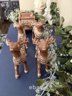 Pottery Barn Handcrafted Ceramic Gingerbread Reindeer & Santa Sleigh Set NEW