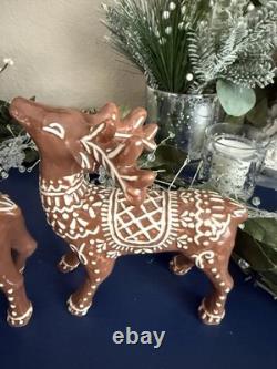 Pottery Barn Handcrafted Ceramic Gingerbread Reindeer & Santa Sleigh Set NEW