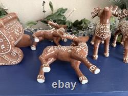 Pottery Barn Handcrafted Ceramic Gingerbread Reindeer & Santa Sleigh Set NEW