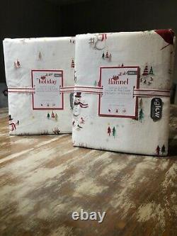 Pottery Barn Holiday Santa Sleigh Reindeer Flannel Sheets Twin XL Glow