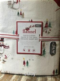 Pottery Barn Holiday Santa Sleigh Reindeer Flannel Sheets Twin XL Glow