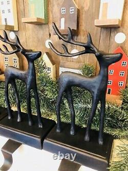 Pottery Barn SANTAS SLEIGH Deer Stocking Holders CHRISTMAS REINDEER Bronze Set 4