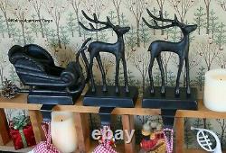 Pottery Barn Santa Sleigh & Reindeer Stocking Holders -nib- On Comet, On Mantel