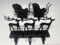 Pottery Barn Santa's Sleigh Reindeer Bronze Metal Stocking Holder Deer Stag Set