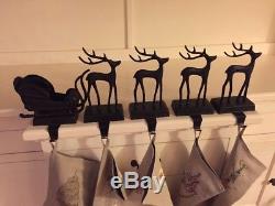 Pottery Barn Santa's Sleigh Stocking Holders SET OF 5 with Sleigh and 4 Reindeer