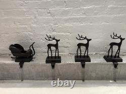 Pottery Barn Santa's Sleigh and Reindeer Christmas Stocking Holder Set Bronze