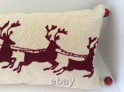 Pottery Barn Sleigh Bell Crewel Lumbar Pillow Santa/Reindeer Embroidered NEW