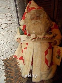 Primitive Santa Claus, Antique santa sleigh reindeer, putz, Antique quilt, Handmade
