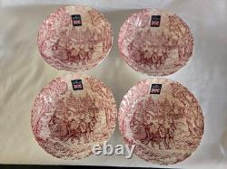 Queen's Santa Claus Sleigh Reindeer Village Pasta Bowls 9 Red Set of 4 NEW