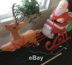 RARE 2 Piece Large Plastic Santa Sleigh Reindeer Lighted Blow Mold Blowmold