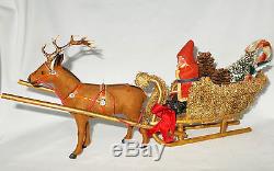 Rare Antique German Santa Reindeer Candy Container And Sleigh Christmas Decor
