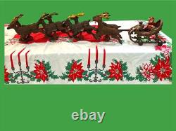 RARE Antique Christmas Cast Iron Santa in Sleigh & 8 Reindeer All With Wheels