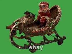 RARE Antique Christmas Cast Iron Santa in Sleigh & 8 Reindeer All With Wheels