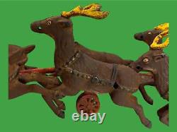 RARE Antique Christmas Cast Iron Santa in Sleigh & 8 Reindeer All With Wheels