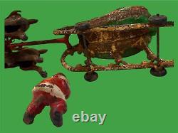 RARE Antique Christmas Cast Iron Santa in Sleigh & 8 Reindeer All With Wheels