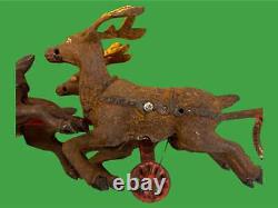 RARE Antique Christmas Cast Iron Santa in Sleigh & 8 Reindeer All With Wheels