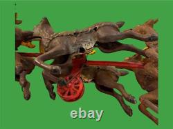 RARE Antique Christmas Cast Iron Santa in Sleigh & 8 Reindeer All With Wheels