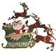 Rare Antique Vtg 1920s Beistle Santa Green Sleigh 3 Reindeer Christmas Die Cut