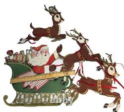 RARE Antique VTG 1920s Beistle Santa Green Sleigh 3 Reindeer Christmas Die Cut
