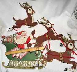 RARE Antique VTG 1920s Beistle Santa Green Sleigh 3 Reindeer Christmas Die Cut