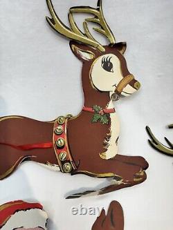 RARE Antique VTG 1920s Beistle Santa Green Sleigh 3 Reindeer Christmas Die Cut