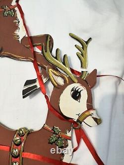 RARE Antique VTG 1920s Beistle Santa Green Sleigh 3 Reindeer Christmas Die Cut