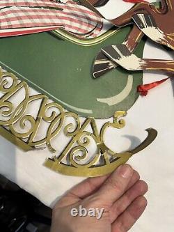 RARE Antique VTG 1920s Beistle Santa Green Sleigh 3 Reindeer Christmas Die Cut