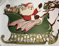 RARE Antique VTG 1920s Beistle Santa Green Sleigh 3 Reindeer Christmas Die Cut