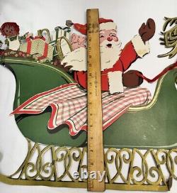 RARE Antique VTG 1920s Beistle Santa Green Sleigh 3 Reindeer Christmas Die Cut