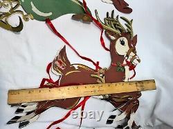 RARE Antique VTG 1920s Beistle Santa Green Sleigh 3 Reindeer Christmas Die Cut