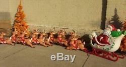 RARE Blow Mold Santa in Sleigh with the Complete set of 9 Flying Reindeer