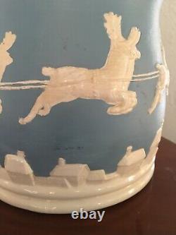 RARE Christmas Blue BowlSanta Sleigh Flying Reindeer Wedgwood Jasperware-Style