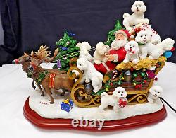 RARE Danbury Mint Lighted Bichon Frise Christmas Santa & Reindeer Sleigh